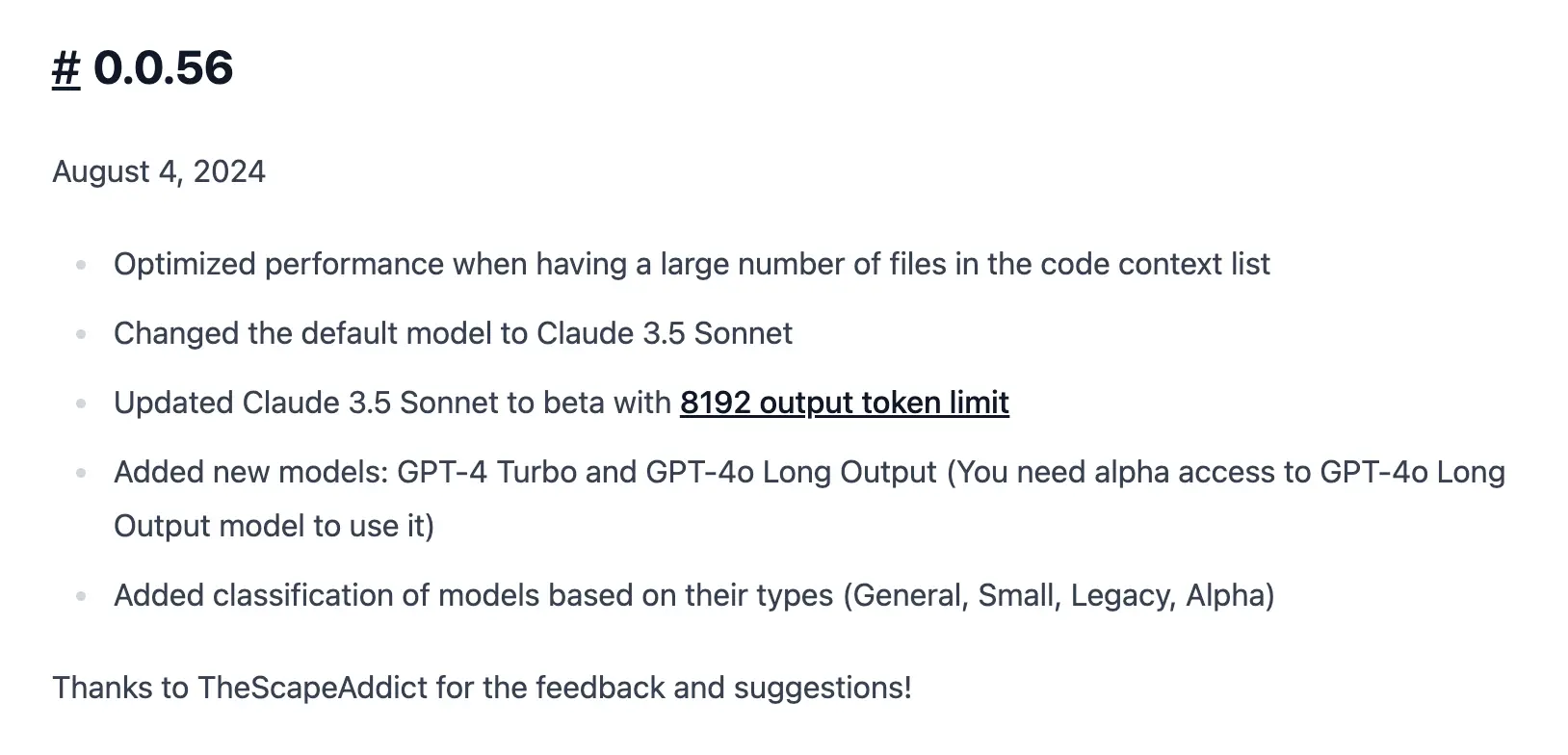 16x Prompt Release Notes with Claude 3.5 Sonnet as default model