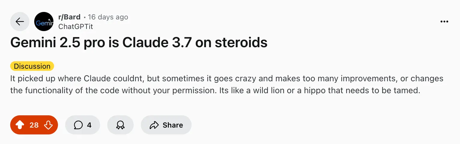 Reddit user ChatGPTit's post about Gemini 2.5 Pro