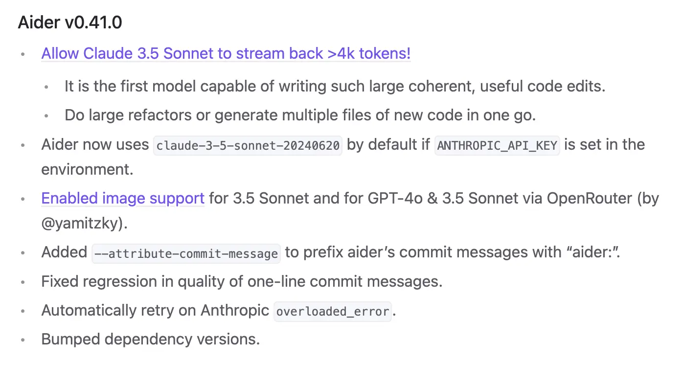 Aider Changelog with Claude 3.5 Sonnet as default model