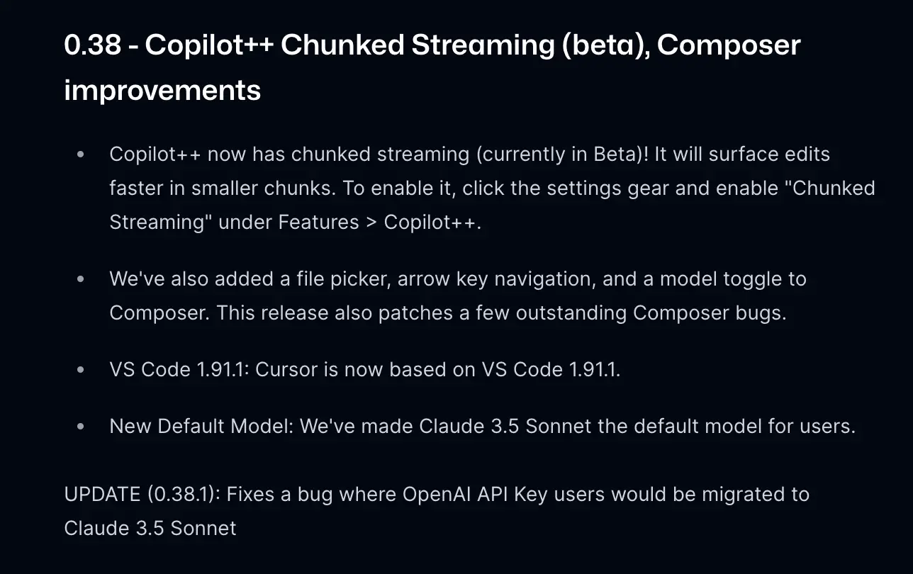 Cursor IDE Changelog with Claude 3.5 Sonnet as default model