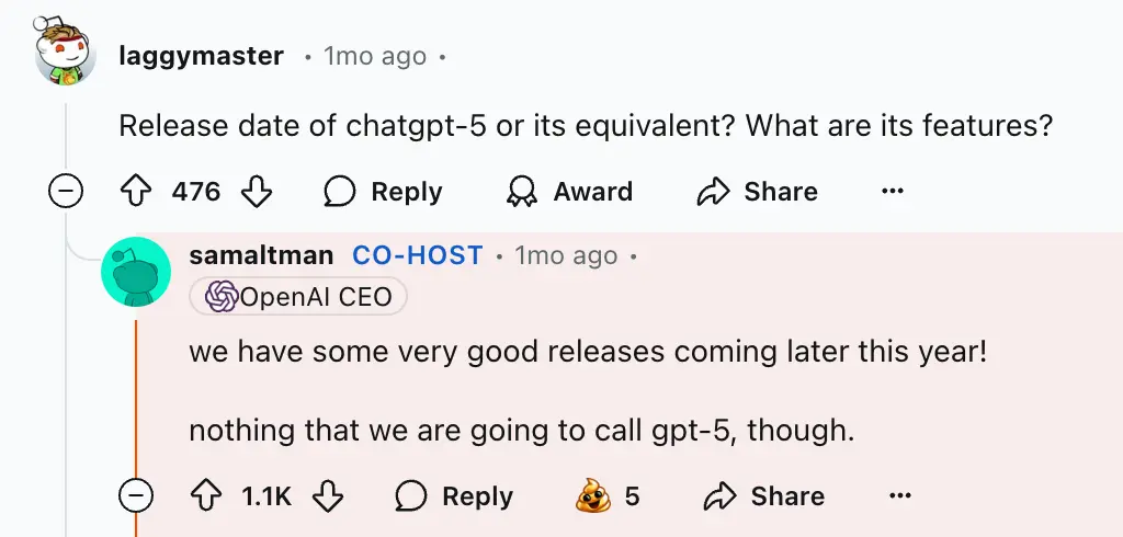 Sam Altman's response to GPT-5 release date on Reddit AMA