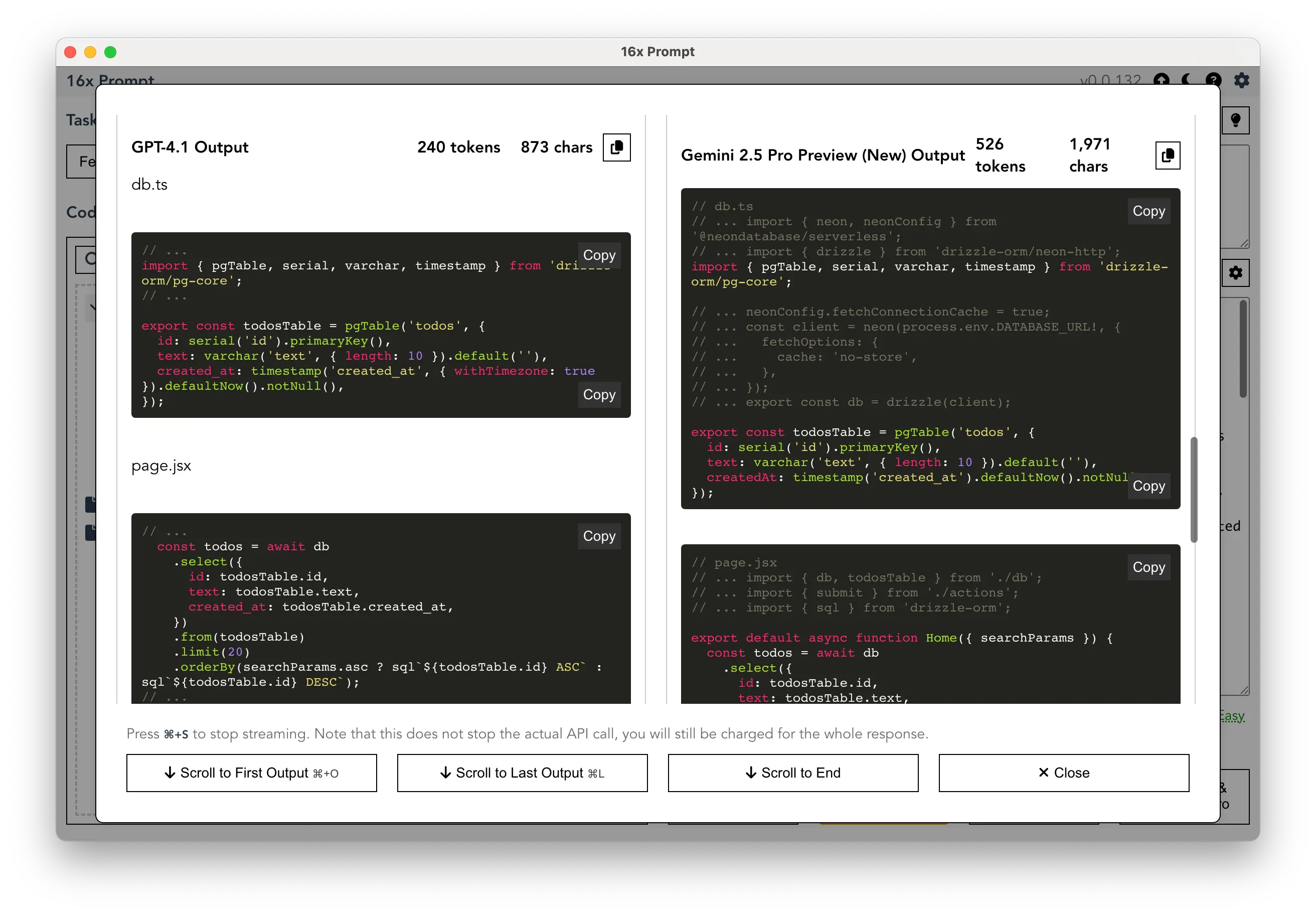 Screenshot of comparison between GPT-4.1 and Gemini 2.5 Pro in 16x Prompt