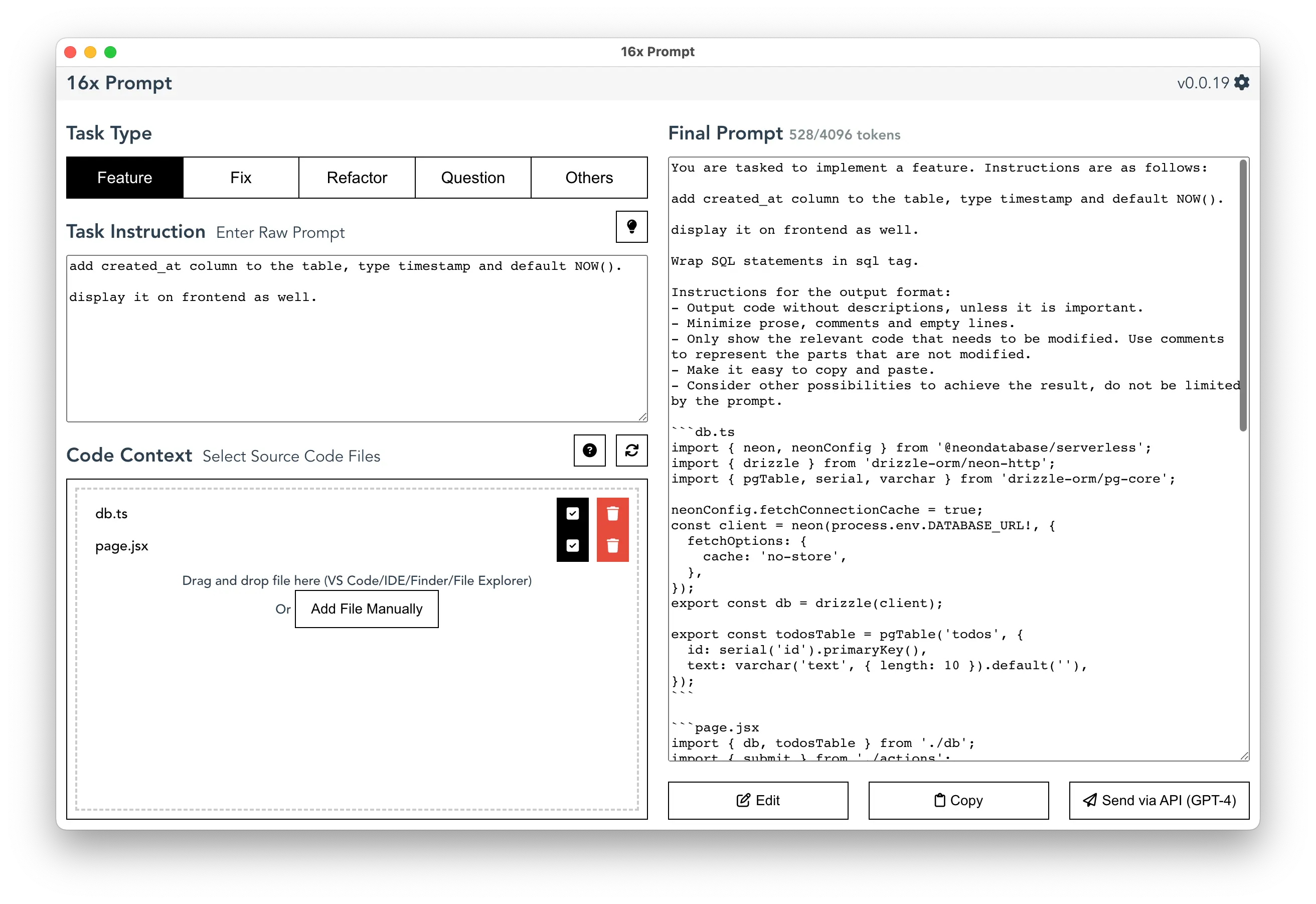 Add created_at field to todos and display it in Next.js app using 16x Prompt