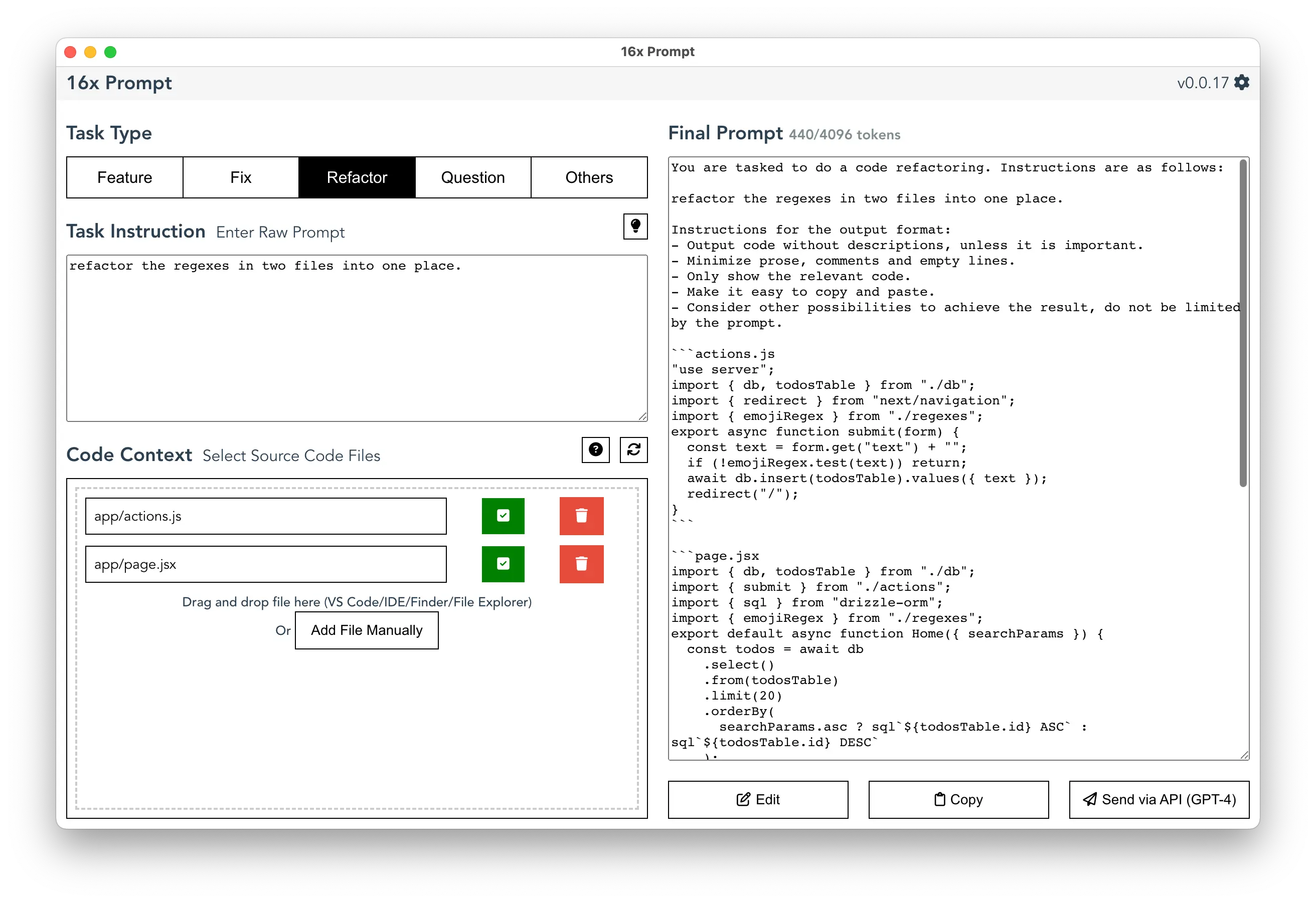 Refactor regex in Next.js app using 16x Prompt