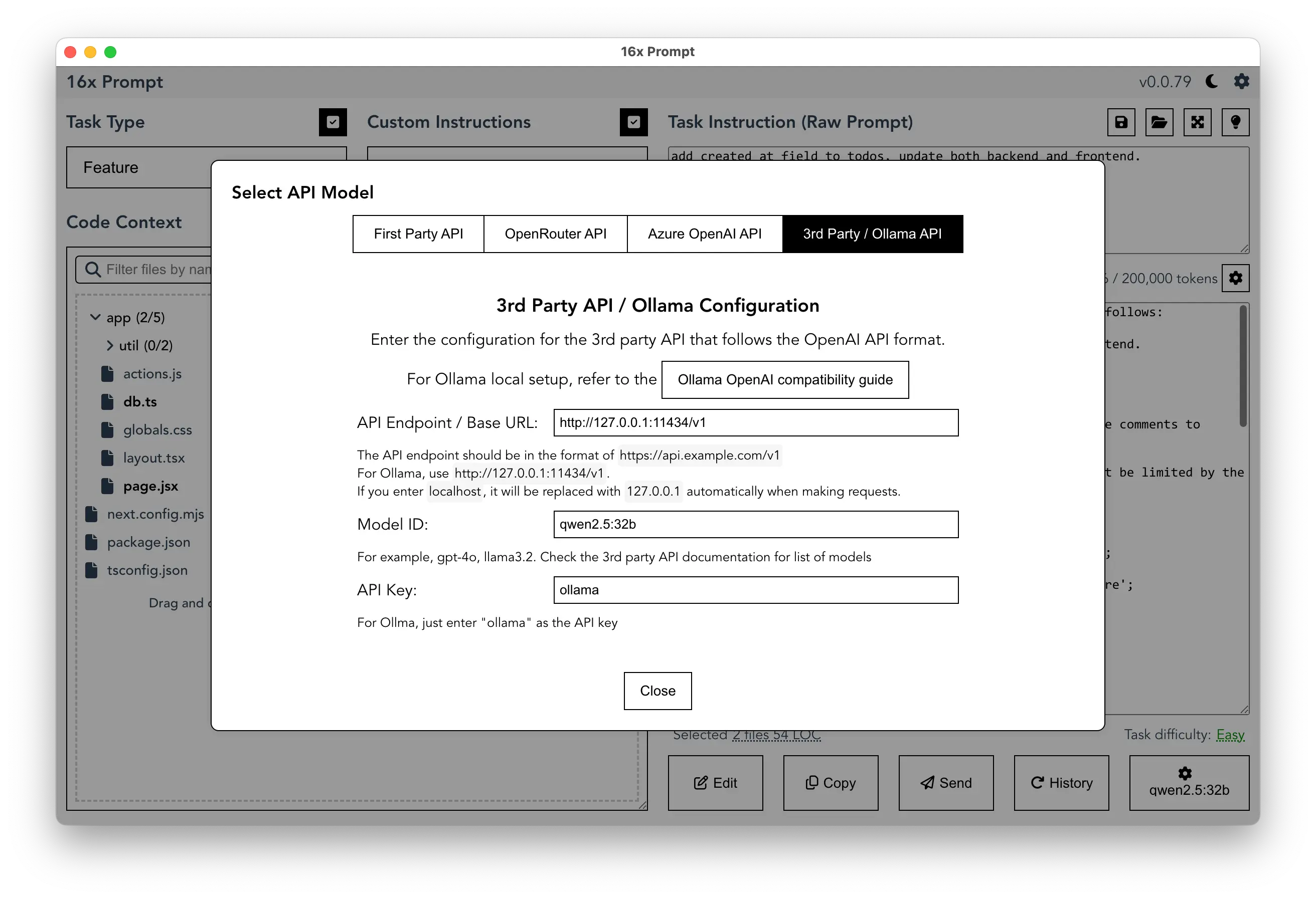 Ollama Qwen 2.5 Coder setup for 16x Prompt