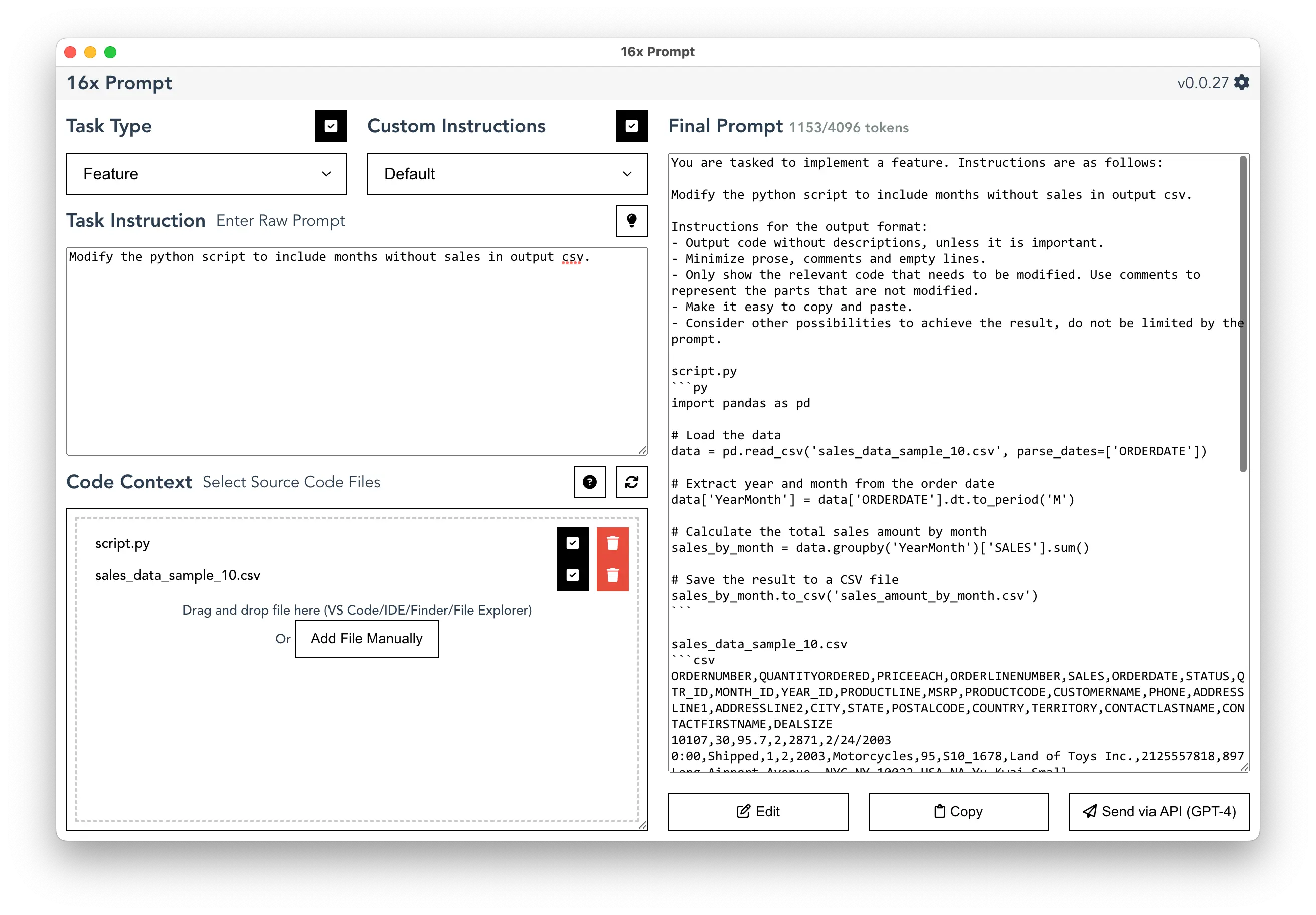 Python Script modification prompt using 16x Prompt