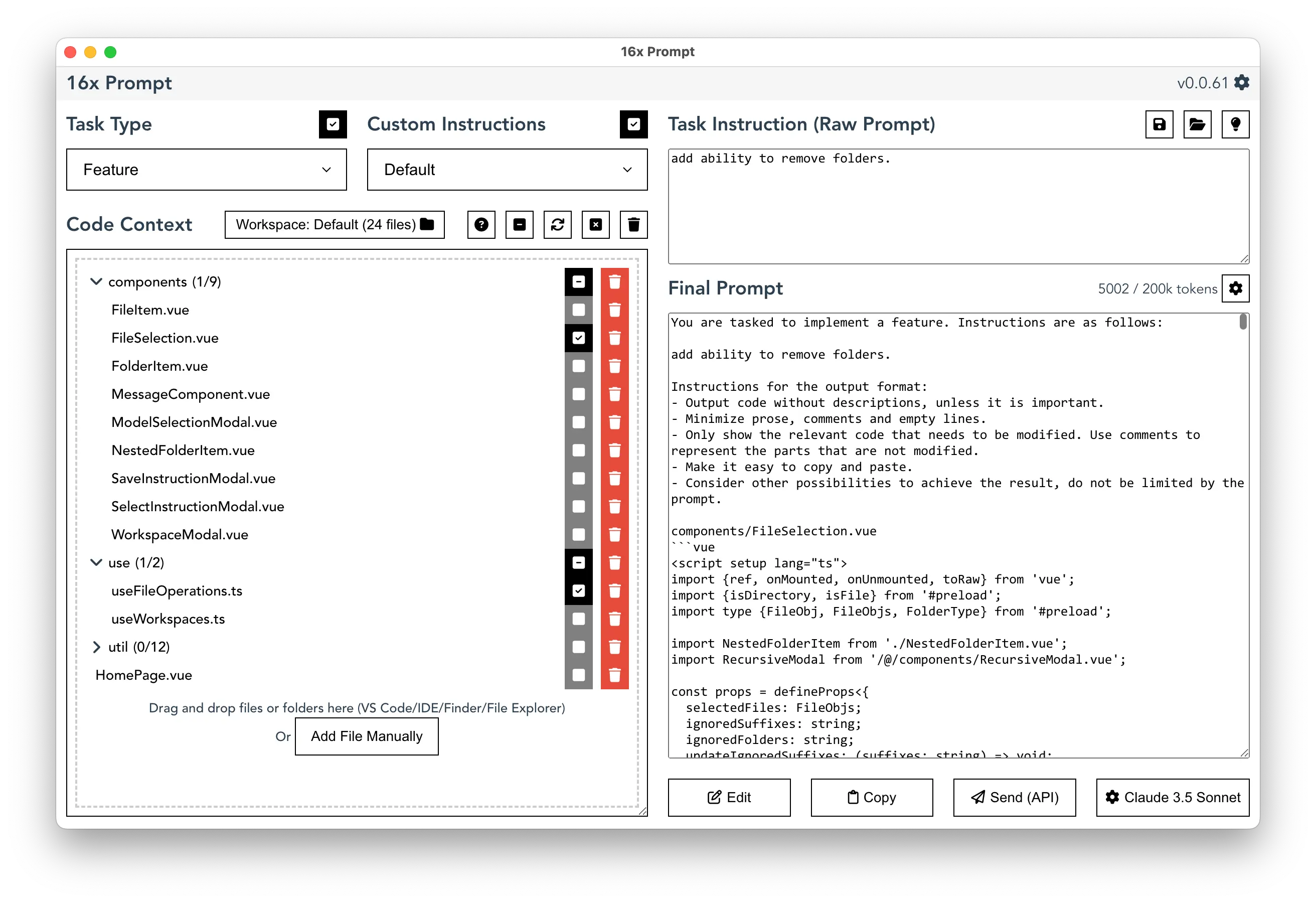 Code context management in 16x Prompt