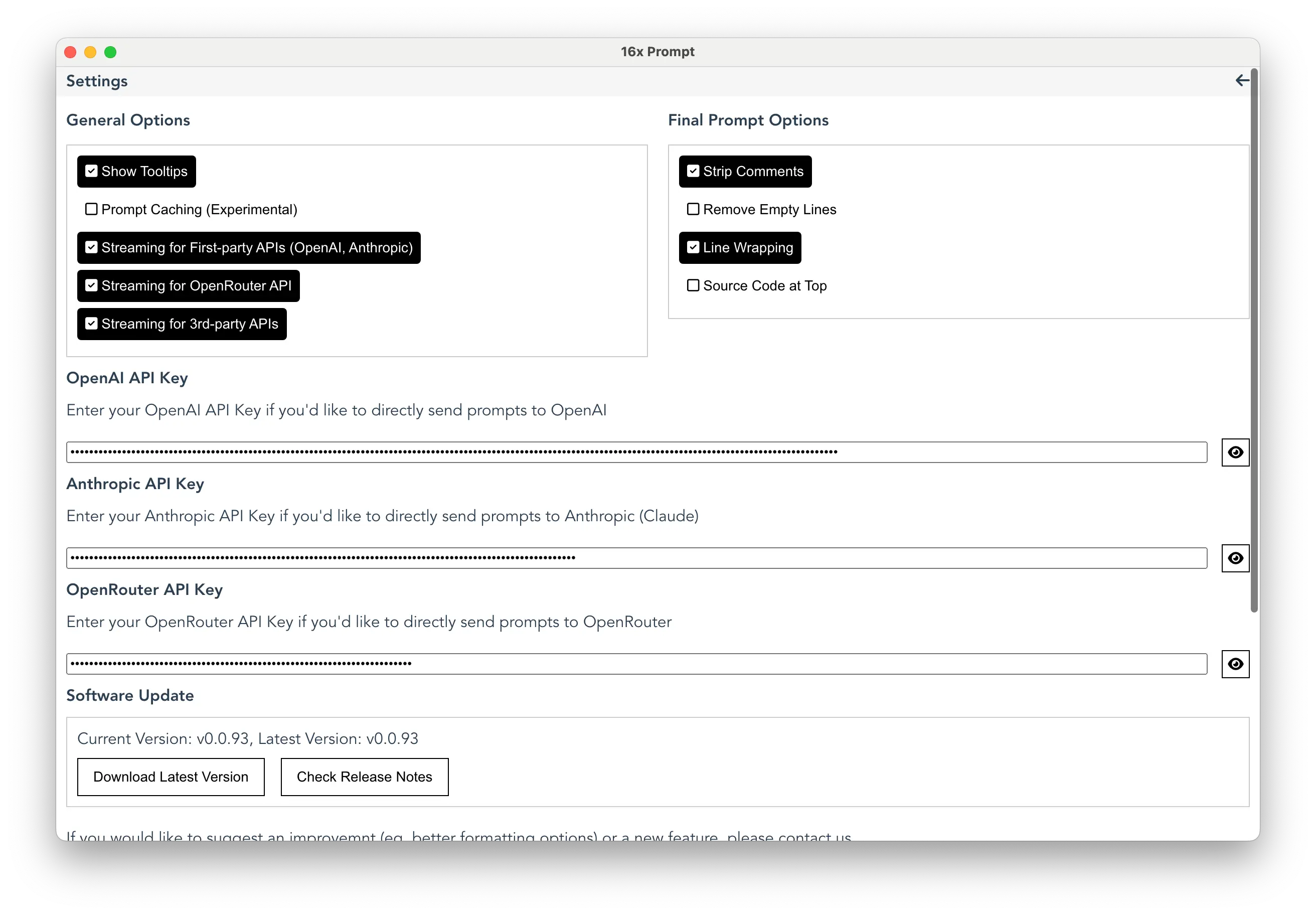 16x Prompt settings API key screenshot