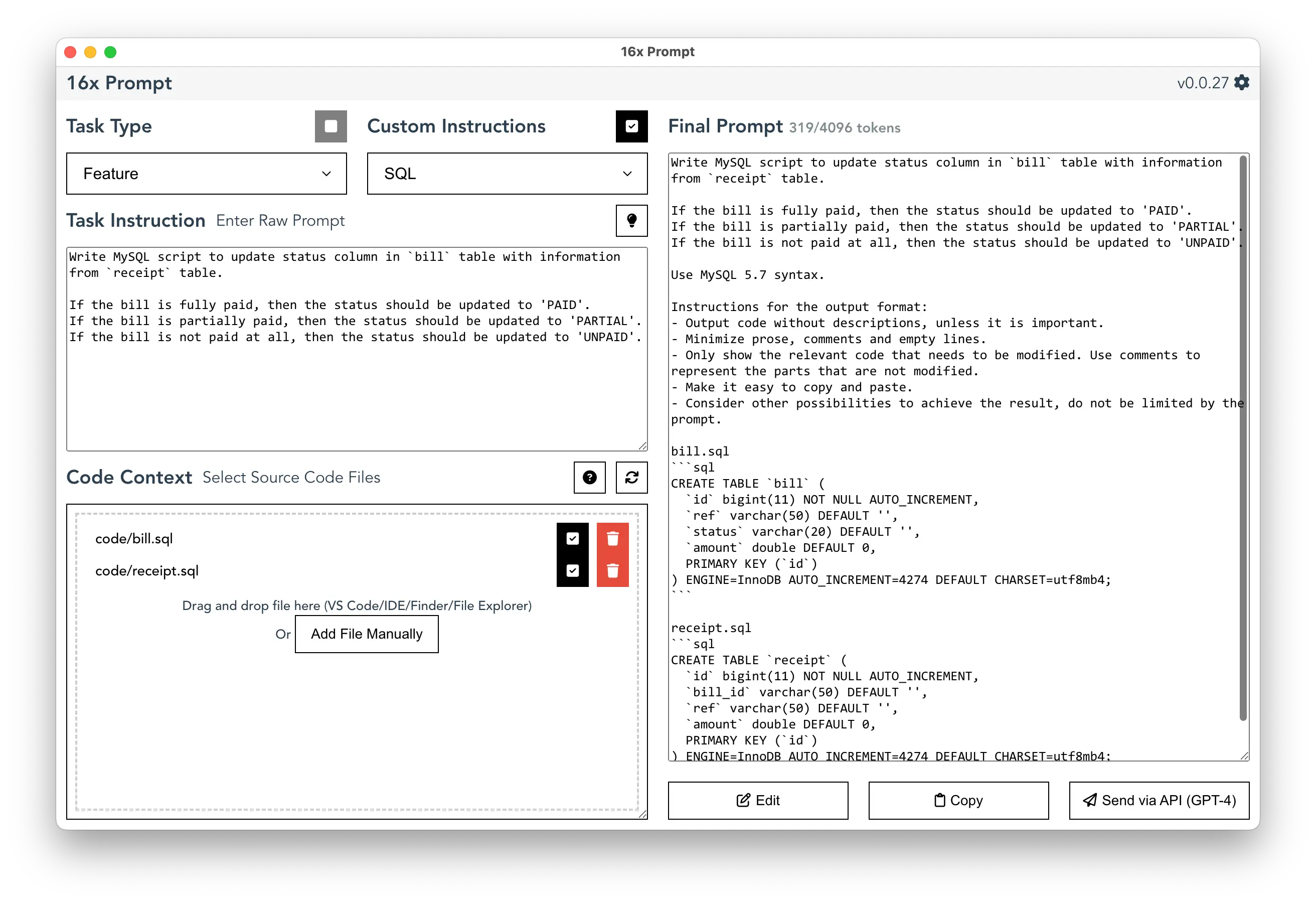 Script to update SQL table using 16x Prompt