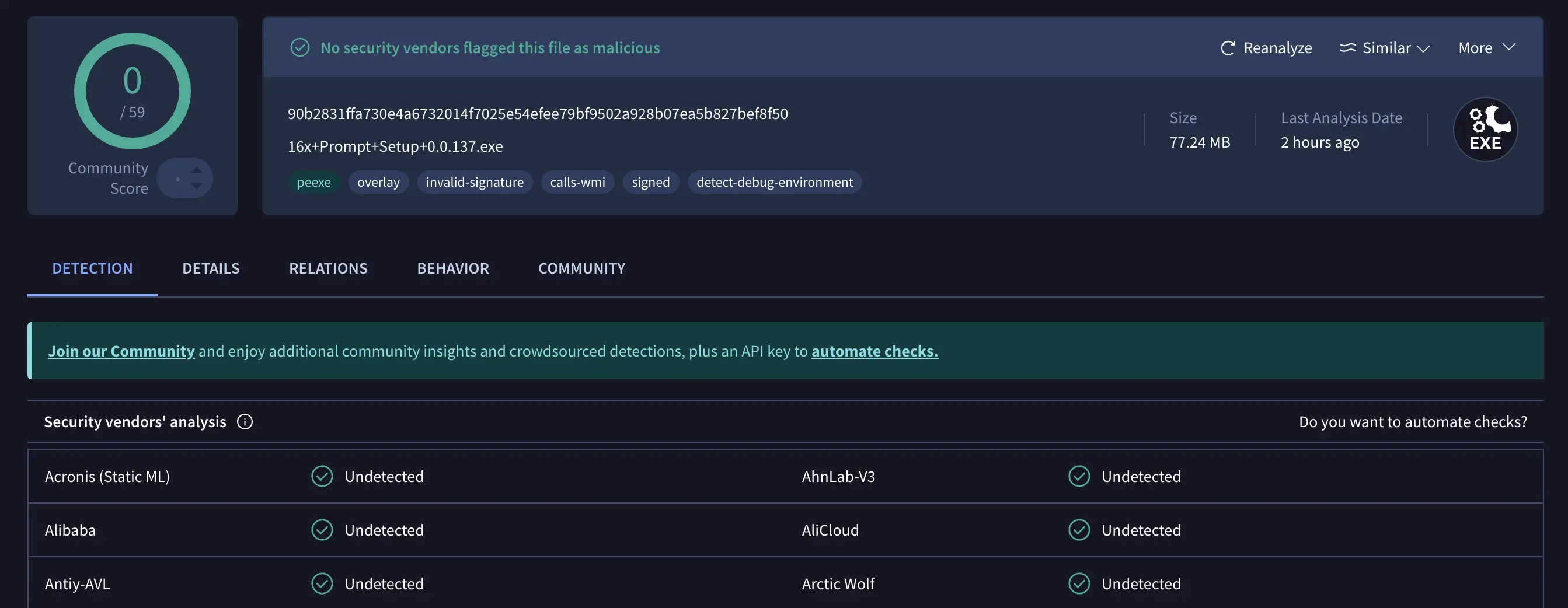 VirusTotal updated scan result for 16x Prompt version 0.0.137